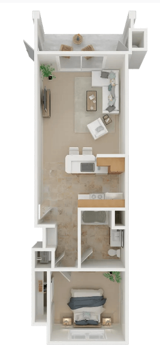 Floor plan for 1 bed, 1 bath, 581 sqft